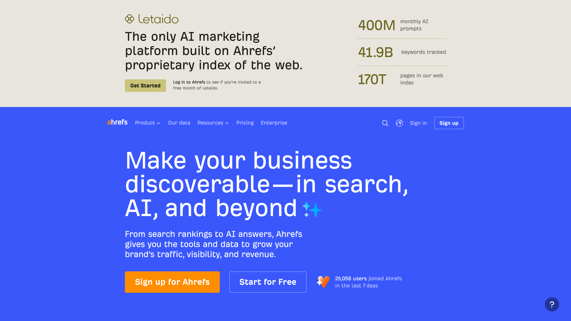 Screenshot of Ahrefs homepage