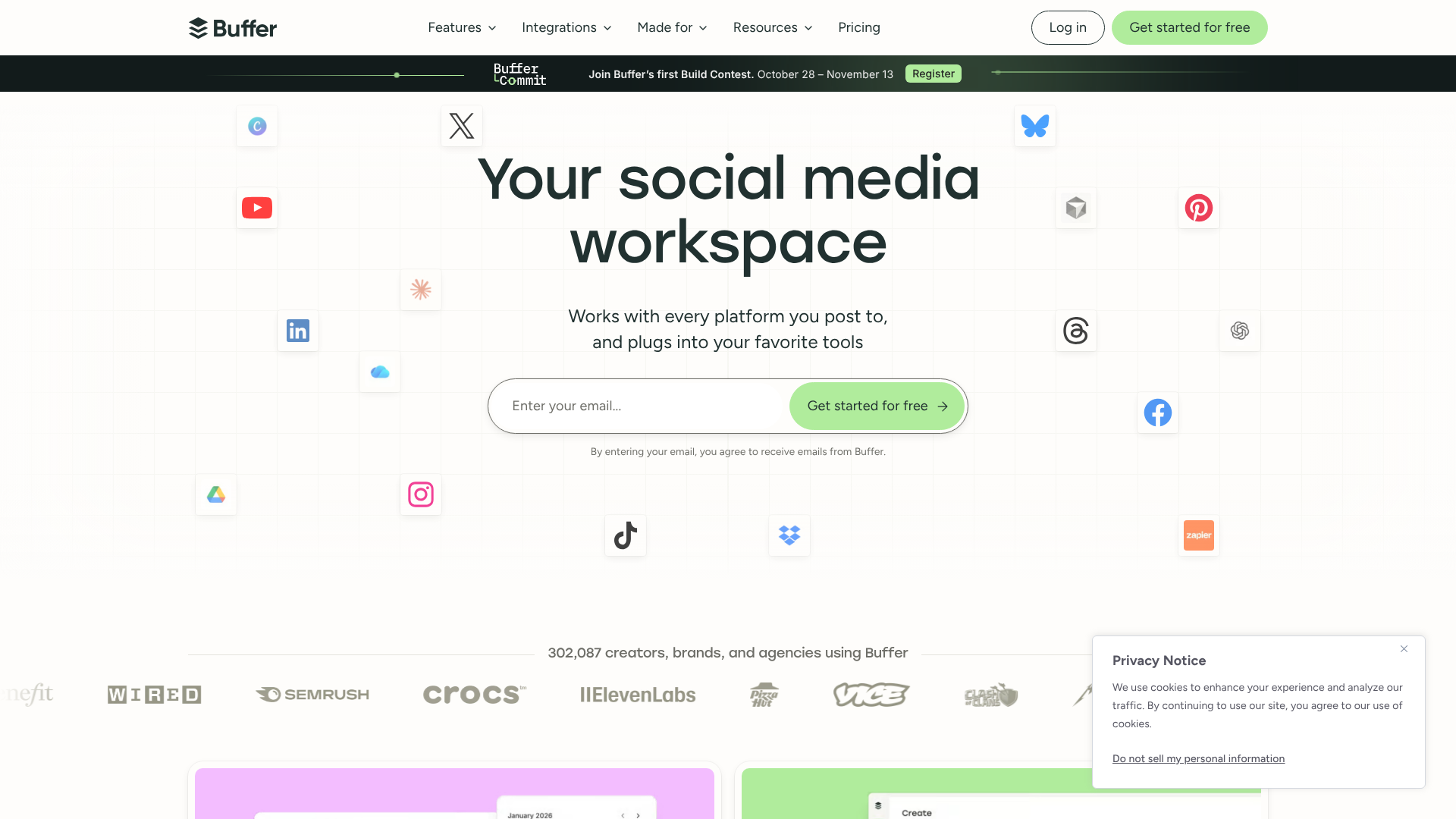 Screenshot of Buffer homepage