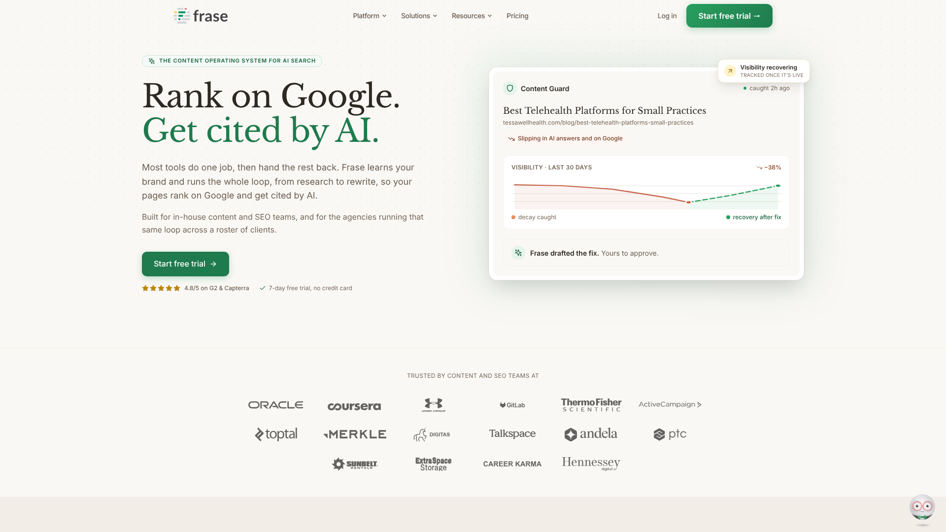 Screenshot of Frase.io homepage