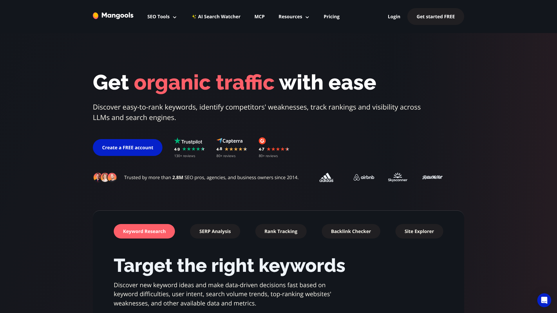 Screenshot of Mangools homepage