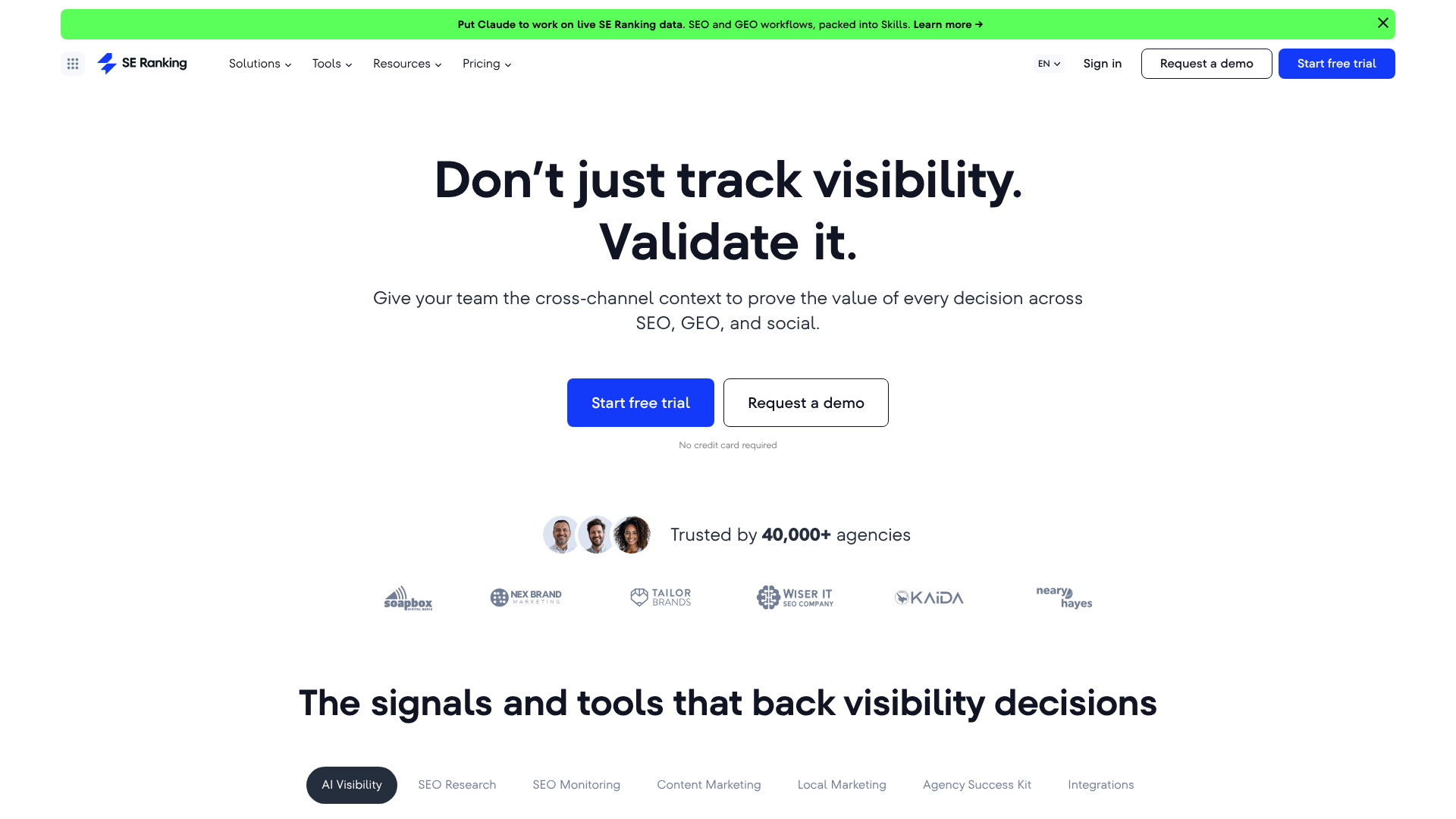 Screenshot of SE Ranking homepage