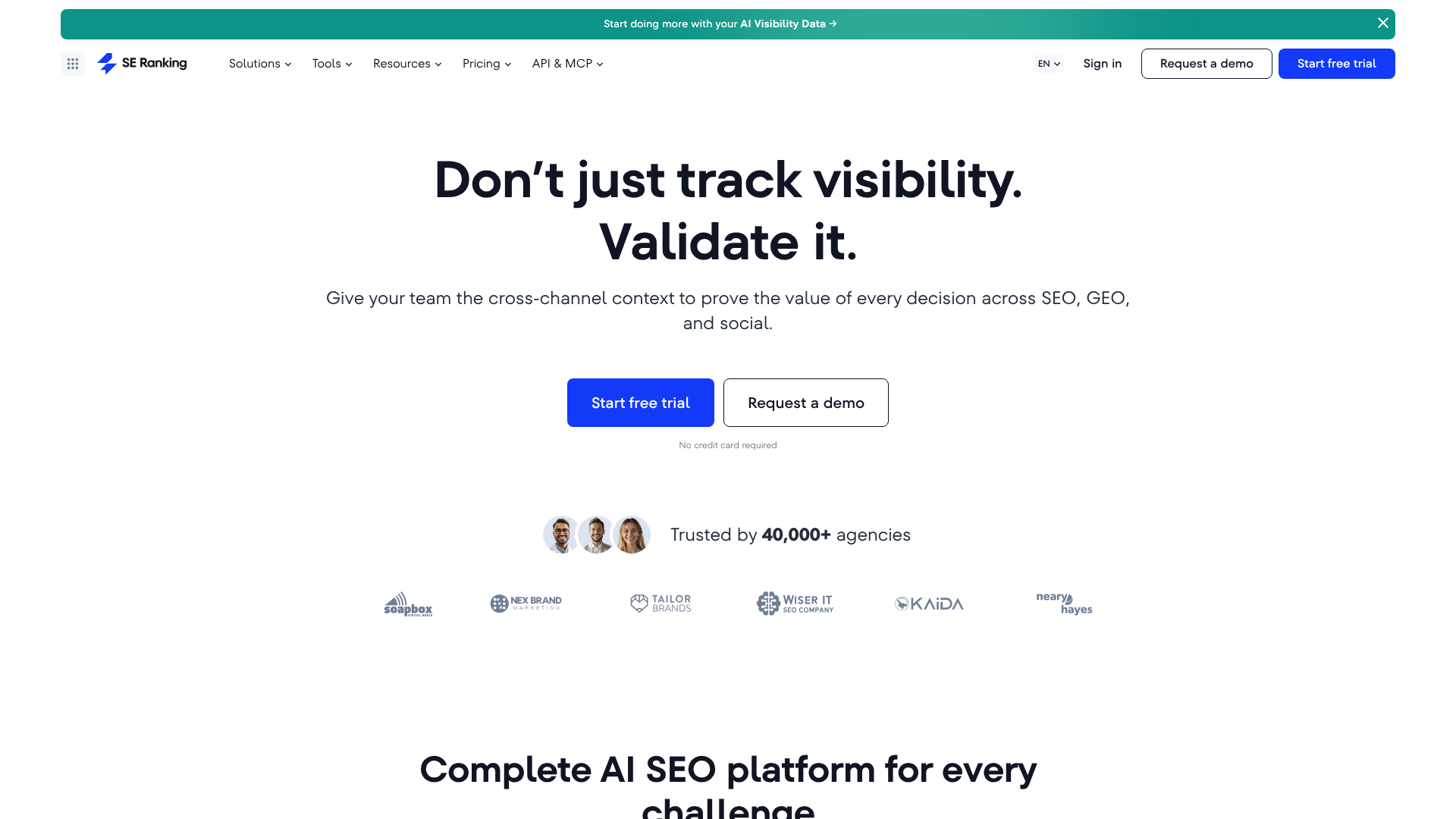 Screenshot of SE Ranking homepage