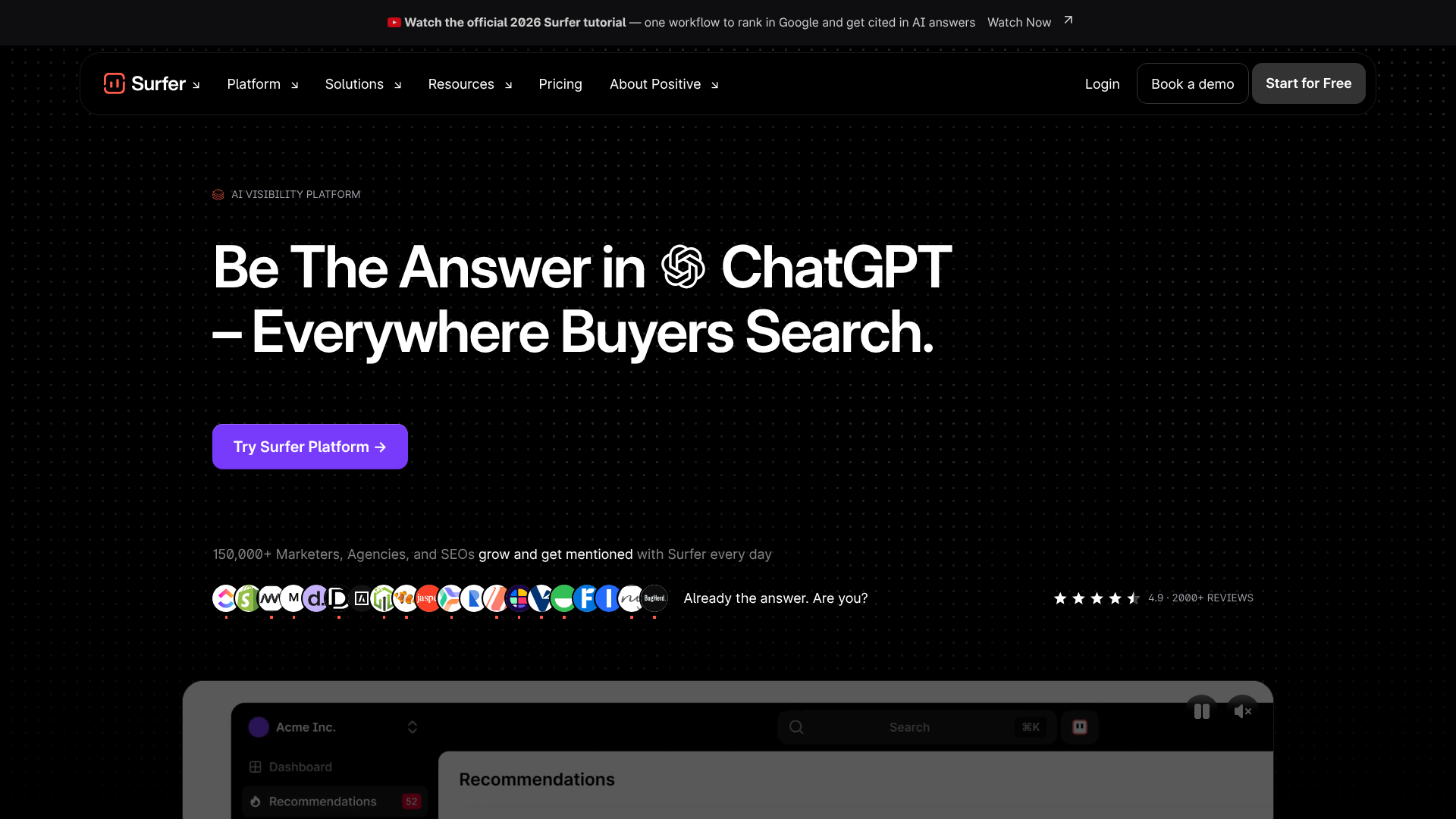 Screenshot of Surfer SEO homepage