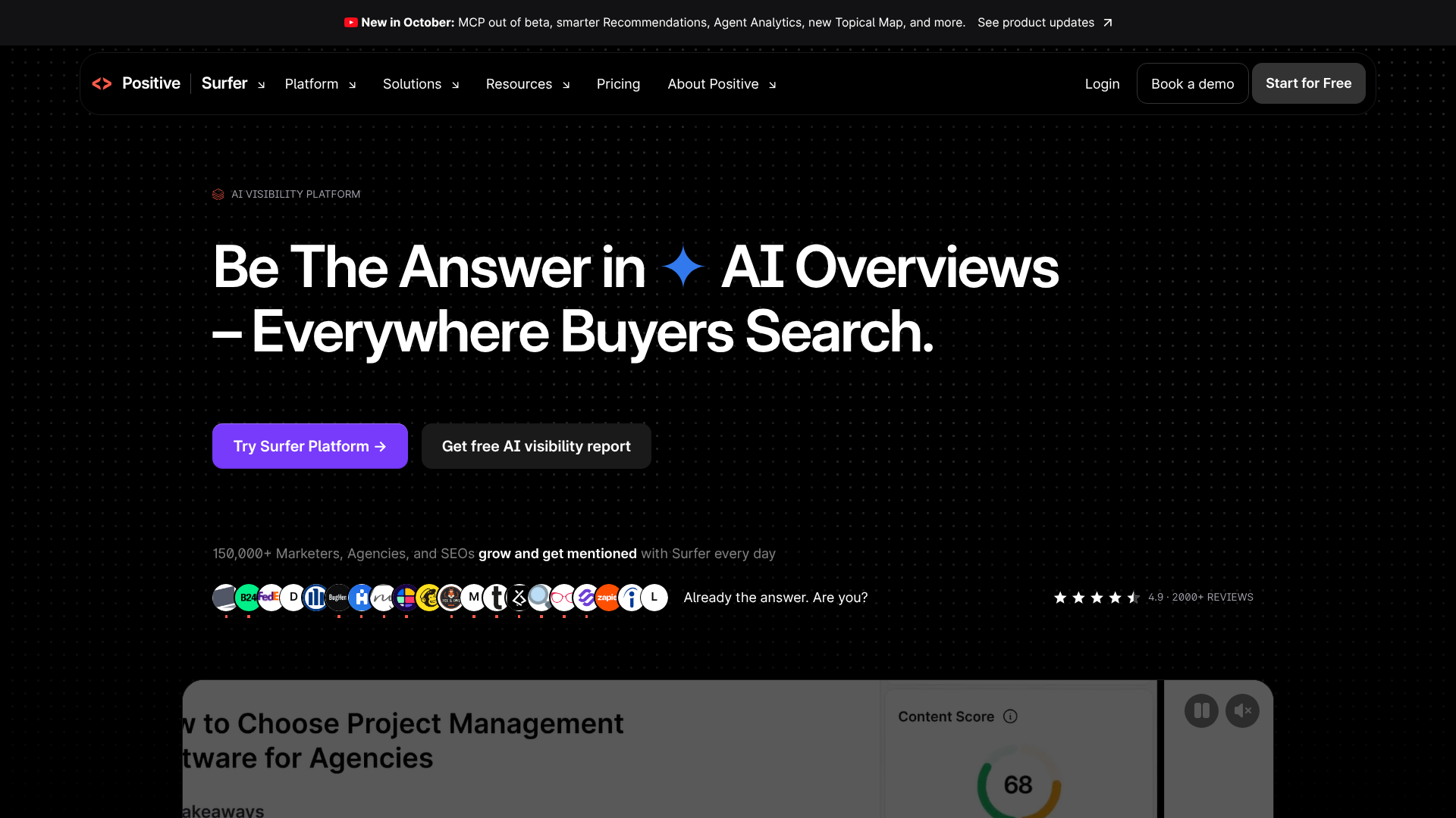 Screenshot of Surfer SEO homepage